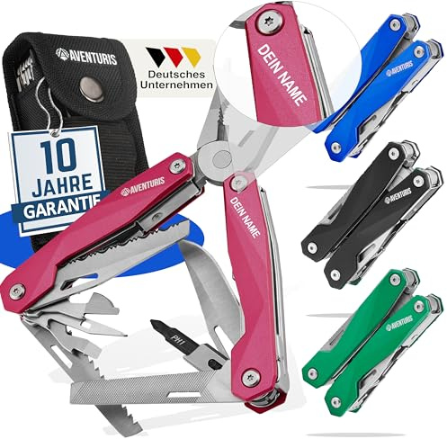 AVENTURIS® Pinkes-Multitool-Werkzeug PERSONALISIERT [Edelstahl] mit 21 Funktionen, Geschenke für Frauen, Multifunktionswerkzeug mit u.a. Zange, Säge und Schraubendreher, Camping auto gadget