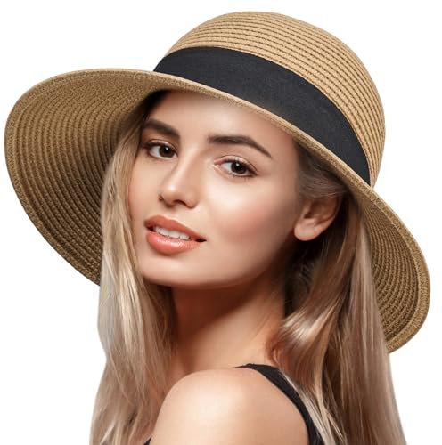 VIFUUR Damen Strohhüte Breiter Rand Sommervisier Strand Sonnenhut Verpackbare UPF UV Faltbare Reise Brown L/XL