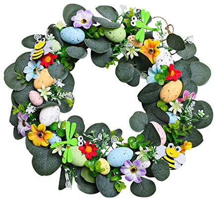 X-Institute 40,6 cm großer Kranz für Haustür, Osterei, Biene, künstliche Blumenkränze, Hintergrund, Wand, Bauernhausdekoration, Osterkranz mit gemischten Blumen