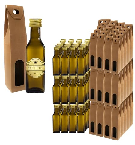 100 mini bottiglie in vetro scuro da 100 ml con tappo a vite dorato + 100 scatole, piccole bottiglie per olio d'oliva, aceto, alcool - flacone per campioni