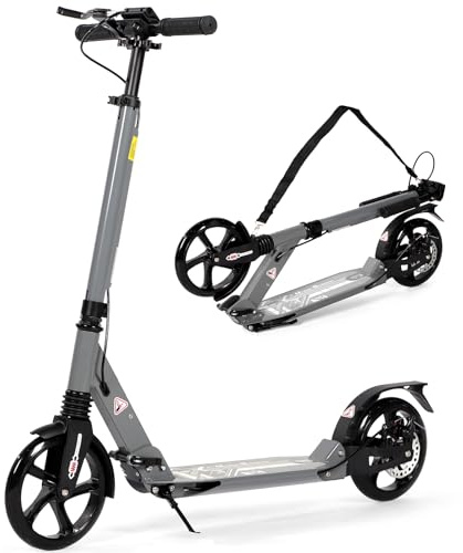 Adult Kick Scooter with Disc Handbrake, Foldable City Scooter with Dual Suspension, 200mm Big Wheels for Kids Ages 8-12 and Up (Grey)
