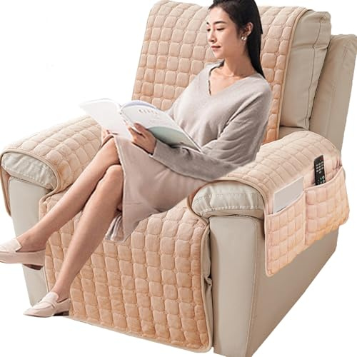 NNSMUN Armlehnenbezüge, Kopfstützenbezug Für Sessel, rutschfest Armlehnenschoner, Sesselschoner 1 2 3 Sitzer, Sesselbezug Mit Taschen Für Fernsehsessel, Sesselauflage Relax für Sofa (Beige,53x190cm)
