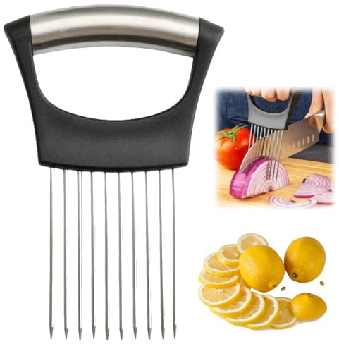 Rebanador de cebolla de acero inoxidable, nuevo rebanador de cebolla, rebanado de limón, rebanado de verduras, herramienta auxiliar para cortar patatas, tomates, carne (1 Pcs)