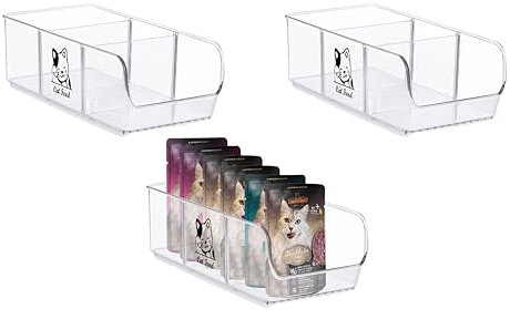 Ctomche Cat food Storage for Pouches, Cat Dog Treat Storage Containers 3 Compartment with Removal Divider,BPA-Free Plastic Pet food Pouch Storage Box,Cat Biscuits Dispenser Organizer Snack Station Bin