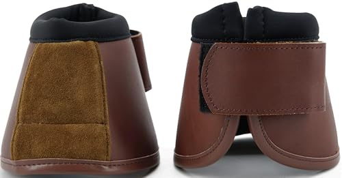 QMYBROW No Turn Bell Boots Hoof Protection,Shock Absorbing, Water-Repellent,with Anti-Spin Fastening System |Neoprene,Waterproof Cloth,Genuine Leather (Coffee, Pony (Small))