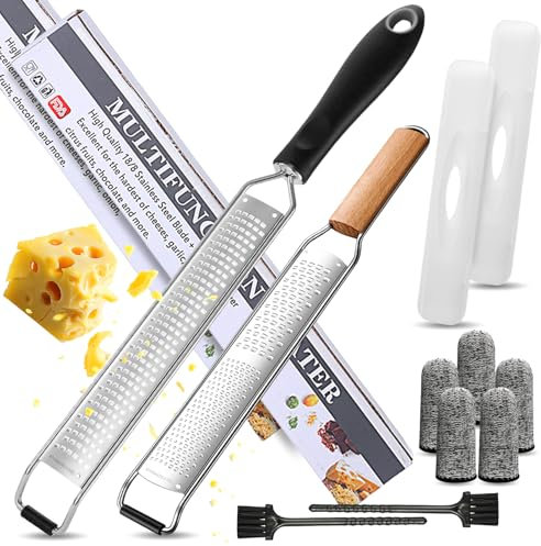 Pasdrucn Juego de 2 ralladores de queso de acero inoxidable, rallador de queso parmesano, rallador de cocina con mango de madera y mango de polipropileno y cubierta protectora, rallador de nuez