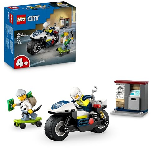 LEGO City Polisens motorcykeljakt, Byggset med leksaksmotorcykel, Fantasifull lek för barn från 4 år, Med skateboard, bankomat, sedel och minifigurer av en polis och en skateboardåkare 60455