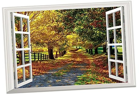 Fake Window Wall Decal PVC Decorative Adhesive Window | 3d Faux Scenery Sticker for Home and Offices, Creative Shape, Interior Room Use