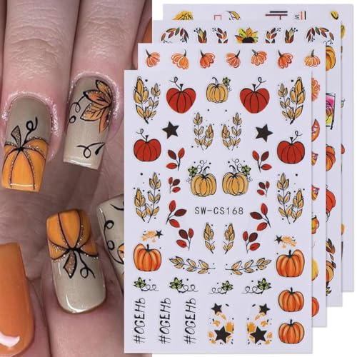 Pegatinas de Uñas Otoño, 8pcs Nail Sticker Otoñal, Calabaza Otoñal Nail Art Pegatina, Hojas Pegatinas Uñas, Stickeruñas 3d Autoadhesivas para Mujeres y Niñas, Decoración Nailart DIY(4 Estilos)