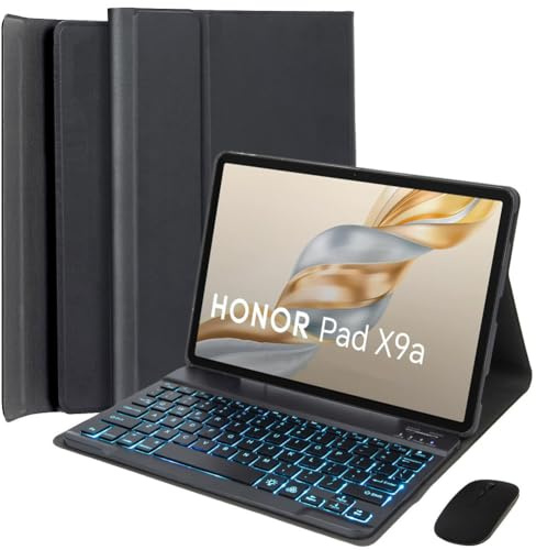 HEKUEUN Funda con Teclado para Honor Pad X9a / Pad X9 Pro 11,5 Pulgadas 2025 Tableta, Español Ñ Teclado Bluetooth Extraíble con Retroiluminación De 7 Colores, Cubierta Ultrafina con Ratón,Negro