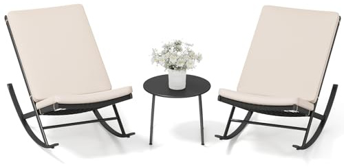 GIANTEX Set di Bistro 3 Pezzi, Sedie a Dondolo da Esterno in Rattan con Tavolino da Caffè, Set di Mobili da Conversazione per Veranda con Cuscini in Cotone per Giardino, Balcone, Bordo Piscina