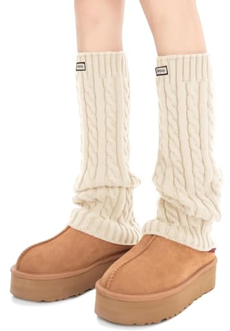 Olligey Stulpen Damen Leg Warmers Beinstulpen Zopfmuster Retro Warm Weich Hautfreundlich Formt Beine für Alltag, Freizeit und Modebewusste Weiß