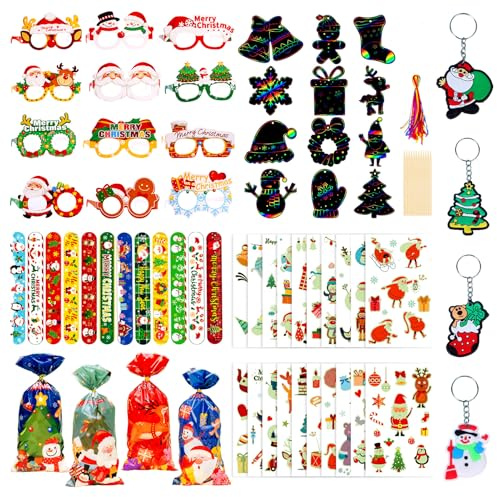 Leesgel Weihnachten Party Mitgebsel, 96-teiliges Weihnachtsgeschenke Set für Kinder – Rubbelkarten, Leucht Tattoos, Slap Armbänder, Papiersbrillen, Geschenktüten & Schlüsselanhänger