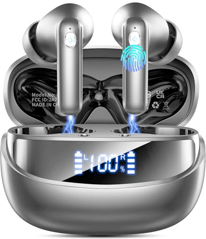Casque Bluetooth sans fil Bluetooth HiFi stéréo, étanche IP7, autonomie de 50 heures d'écoute, avec affichage LED USB-C, écouteurs intra-auriculaires avec réduction du bruit ENC Mics