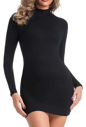 Chongbaijia Long Sleeve Dress for Women Ribbed Mock Turtleneck Slim Fit Fall Dresses Bodycon Short Dresses Fashion Clothes Black