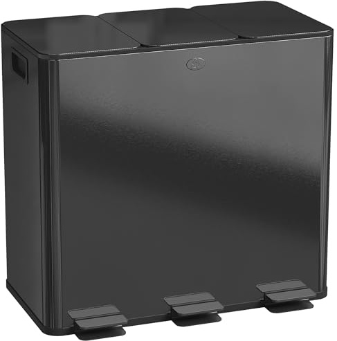 HOMCOM Poubelle Cuisine 3 x 20L Tri Sélectif 3 Compartiments Noir | Acier Inoxydable, Pédale, Seaux Intérieurs Amovibles, Couvercle à Fermeture en Douceur, Poignées, Anti-Traces
