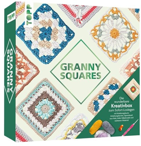 Die wunderbare Kreativbox Granny Squares: Anleitungsbuch, Anleitungskarten, Spannbrett, Maschenmarkierer, Scherenring, Häkelnadel, Baumwollgarn