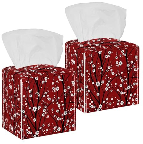 2PCS Square Tissue Box Cover, Cherry Tree Leather Tissue Case Facial Paper Organizer Dispenser for Vanity Toilet Tank Dresser Night Stand Table Countertop Office Car