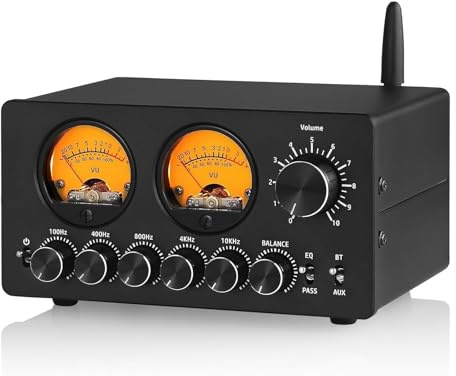 Égaliseur Audio Domestique, préamplificateur Audio, préampli EQ Bluetooth 5 Bandes for chaîne Hi-FI/Enceintes d'ordinateur/amplificateur avec vumètre, préampli EQ équilibré