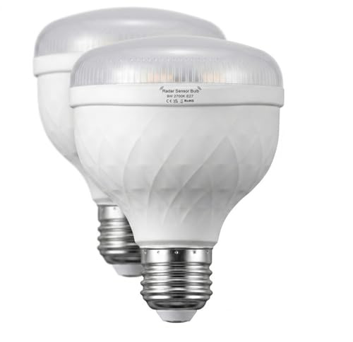 KOOYWAN E27 LED Lampe mit Radar-Bewegungsmelder 2er Set, 9W Warmweiß 2700K, 20.000h Lebensdauer, 5m Sensor-Glühbirne mit 45s Timer & Lichtsensor, Dekoratives Design, 2 Jahre Garantie