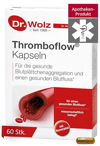 Dr. Wolz Thromboflow Kapseln, für einen gesunden Blutfluss, Blutfluss-Kapseln mit Resveratrol, ideal bei Flugreisen, 60 Kapseln