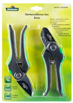 Dehner Gartenscheren-Set, Bypass- und Ambossschere, Schwarz, Grün