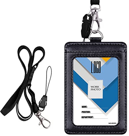 Wisdompro Badge Holder, Double Sided PU Leather Bus Pass Holder with 1 Clear ID Name Window and 1 Identity Credit Card Slot and 22 Inch Detachable Neck Lanyard Strap - Black (Vertical)