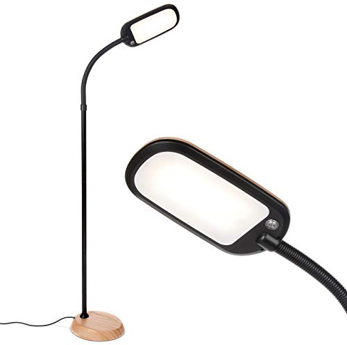 Brightech Litespan Slim LED Floor Lamp - Modern Reading Light Over Chair for Living Rooms & Offices, Tall With Adjustable Gooseneck, Crafts Work Light, Dimmable Standing for Bedroom - Wood