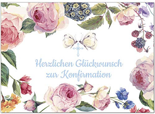 Einladungskarten Manufaktur Hamburg Glückwunschkarte Konfirmation mit Umschlag/Vintage Rosen mit Schmetterlingen/Konfirmationskarten/Karte für Glückwünsche/Feier