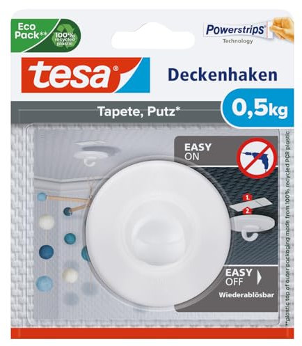 tesa Deckenhaken Tapeten und Putz - Selbstklebender Haken - Ideal Zur Befestigung Von Deko-Objekten - Spurlos Ablösbar, Weiß, 1 x 0,5 Kg