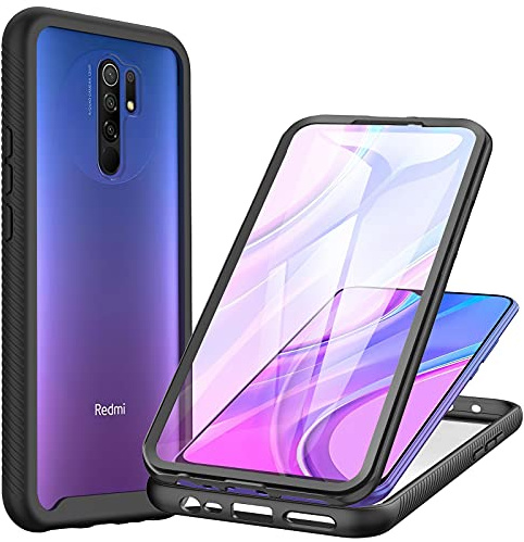 CENHUFO Funda Xiaomi Redmi 9, 360 Grados Antigolpes con Protector de Pantalla Integrado Robusta Doble Cara Bumper Case Transparente Anti-Amarilleo Capa Completa Carcasa para Xiaomi Redmi 9 -Negro