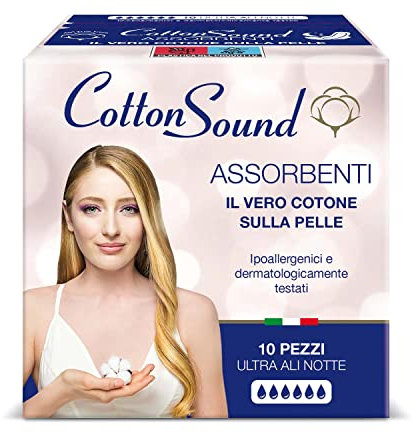 COTTON SOUND ULTRA ALI NOTTE Assorbenti con Cotone 10 Pezzi, 100% Cotone Idrofilo, Ipoallergenici, Dermatologicamente Testati, Super Assorbenti, Tecnologia Multistrato, Made in Italy