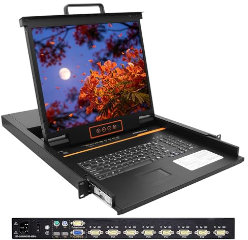 Rack Mount KVM Console 19 Rack Mount Monitor, 8 Port VGA KVM Switch, 1U Rackmount Monitor Keyboard Touchpad, OSD/Hotkey/Button Switching,Incl. Cables,Compatible with Windows,Linux,Mac,Sun
