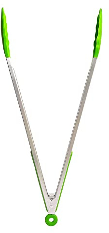 UPTALY 45 cm extra lange Grillzange (1 Stück Smaragdgrün), mit Silikonkopf, Grillzange aus Edelstahl mit langem Griff, große Grillzange, verlängerte Servierzange für antihaftbeschichtetes Kochgeschirr