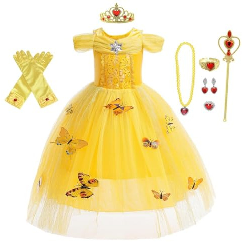 Lito Angels Disfraz de Princesa Belle con Accesorios para Niña Pequeños, Vestido de Fiesta de Bella y la Bestia, Talla 3 años, Amarillo