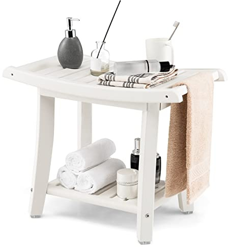 COSTWAY Duschbank Bad, Sitzbank mit Ablage, Badhocker 170 kg belastbar, Badezimmerbank Duschstuhl, Duschhocker für Erwachsene, Senioren, 60,5 x 34 x 48 cm (Weiß)