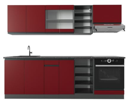 Vicco Küchenzeile R-Line, Rot/Anthrazit, 240 cm | 10 Module · Höhenverstellbare Füße · Ohne Arbeitsplatte · Robuste Fronten · Mit Herdumbauschrank · Frei kombinierbar
