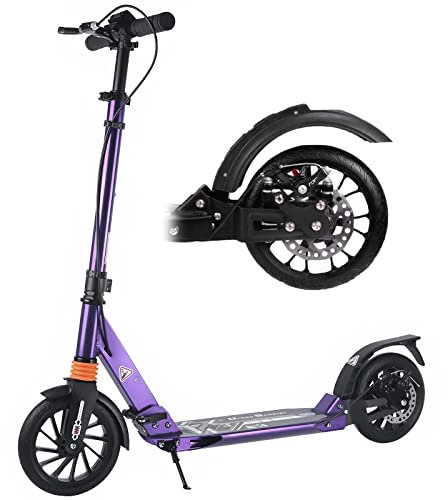 Bueuwe City Roller Tretroller Erwachsene 150 kg Tragkraft, 200mm Big Wheel Scooter mit Stoßdämpfer, Cityroller aus Aluminiumlegierung, Höhenverstellbar, Klappbar,Lila