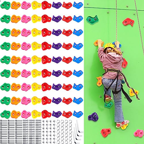 Meooeck 72 Pcs Kids Rock Wall Climbing Holds Set Colorful Grips with Mounting Screws and Hardware for DIY Indoor Outdoor Backyard Playground Play Set Back to School Birthday Gift(Classic Color)