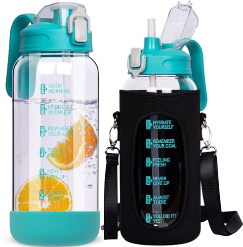 DEARRAY 2 liter glasvattenflaska med sugrör och tidsmärkningar 2 l stor läckagesäker motiverande glas dricksflaska stor glaskanna med lock bpa-fri glaskaraff