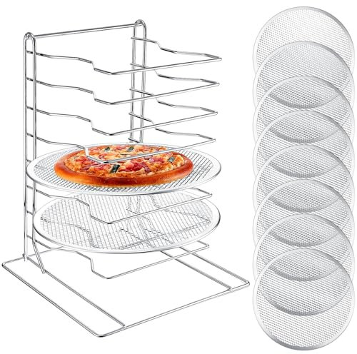 Zhehao Rastrelliera per pizza a 8 livelli 16,7 cm di altezza x 30,5 cm di lunghezza x 30,5 cm di larghezza e 8 padelle con fori, set da forno in alluminio per una facile conservazione e cottura di