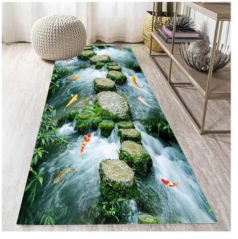 Siunwdiy Flurteppich läufer lang 2.4Meterware rutschfest,3D Bach, Fische Teppich Läufer Waschbar Grün Polyester Dauerhaft Flur Teppich Fur Korridor Wohnzimmer Schlafzimmer Anpassbar 140X240CM