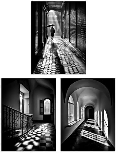 Artery8 Set of 3 A4 Shadows and Light Black and White Photographs Geometric Patterns Atmospheric Corridors Unframed Wall Art Living Room Poster Prints Pack