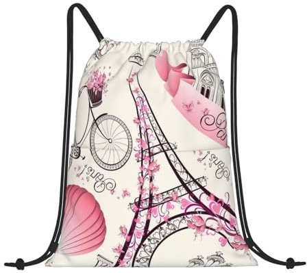 LAMAME Gold Dollar Zeichen gedruckt Kordelzug Rucksack Casual Sport Rucksack Neutral Turnbeutel, Romantisches Paris Eiffelturm Fahrrad, One size