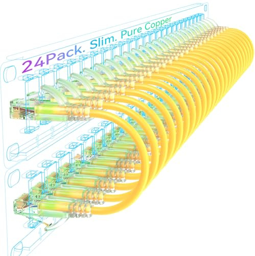 Sokqovt Cat6a Slim Ethernet Patch Cable 1ft (24 Pack), Flexible 10G 550MHZ, 28AWG Pure Copper for Network Cabinet, Cat 6 Yellow