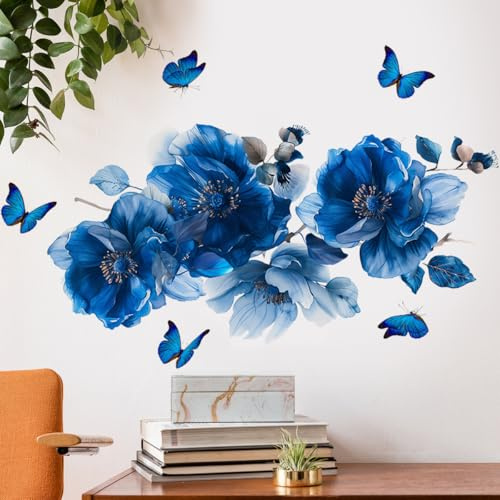 Runtoo Wandaufkleber mit blauen Blumen, Schmetterling, Aquarell, für Schlafzimmer, Wohnzimmer, Badezimmer, Heimdekoration