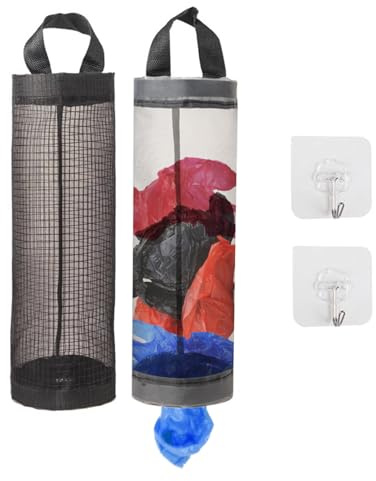 Difistik 2 Pcs Plastic Bag Holder, Carrier Bag Holder for Plastic Bags Storage with 2 Pcs Sticky Hooks, Mesh Hanging Dispenser Trash Plastics Bags Dispenser for Home