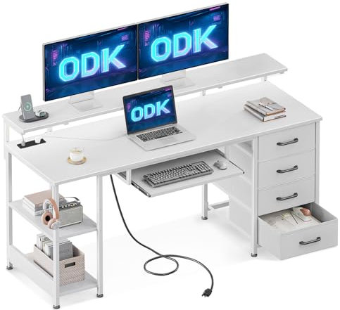 ODK 140x52 cm White Computer Desk with Drawers, Office Desk with 2 Sockets & USB Ports, PC Table with Storage for Home Office, Study Table for Bedroom with Keyboard Tray