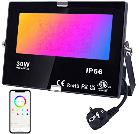 DUSKTEC Bluetooth-ansluten färg-LED-projektor med uttag, 220 V LED-spotlight 30 W RGB flerfärgad dimbar av APP IP66 vattentät för utomhus, utomhus, översvämningsljus set med 2
