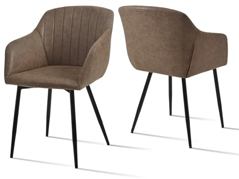 Goeurvant Esszimmerstuhl 2er Set mit Armlehne, Stühle Esszimmer, Polsterstühle aus Kunstleder, Küchenstuhl mit Metallbeine und Rückenlehne, Dunkelbraun